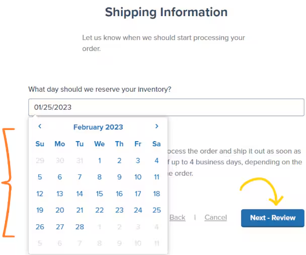 Shipping Information page showing calendar picker for reserve date selection