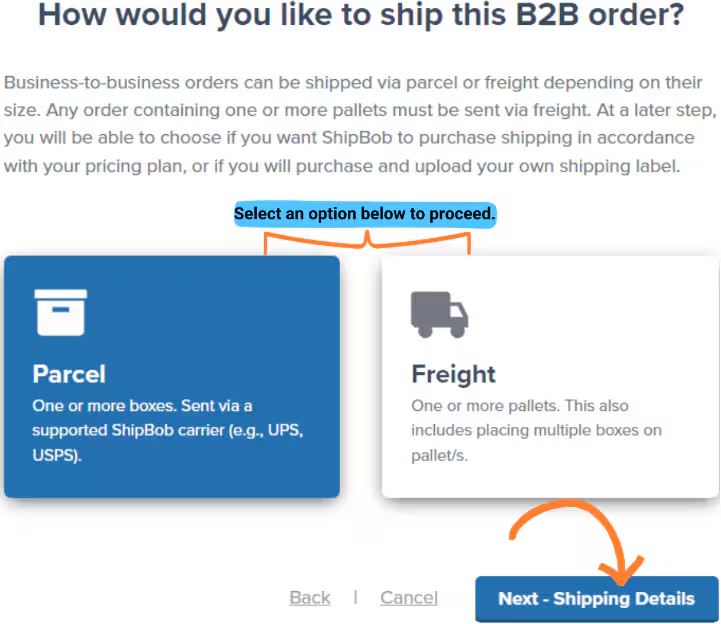 Shipping method selection showing Parcel and Freight options with descriptions