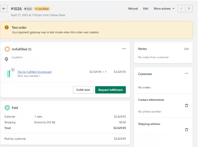 Shopify order detail page showing order summary