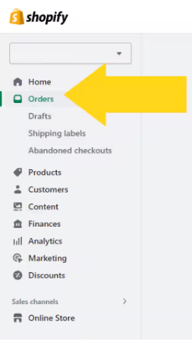 Shopify sidebar with Orders menu item highlighted