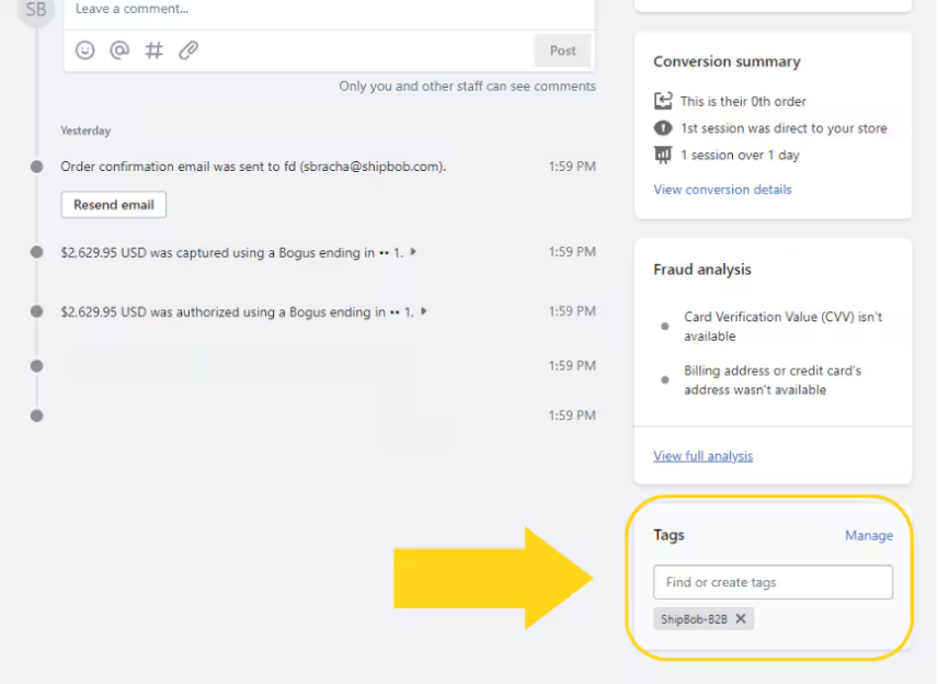 Shopify Tags panel on order detail page