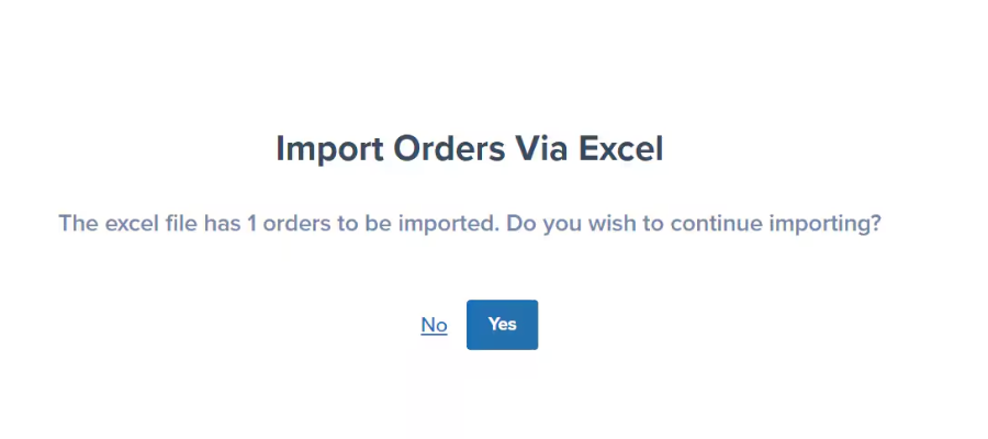 Import confirmation dialog showing order count