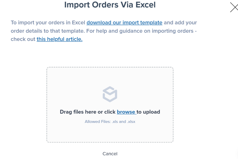 Import Orders Via Excel dialog with file upload area