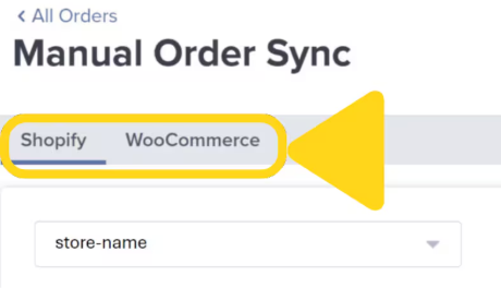 Manual Order Sync dialog showing platform tabs and store dropdown