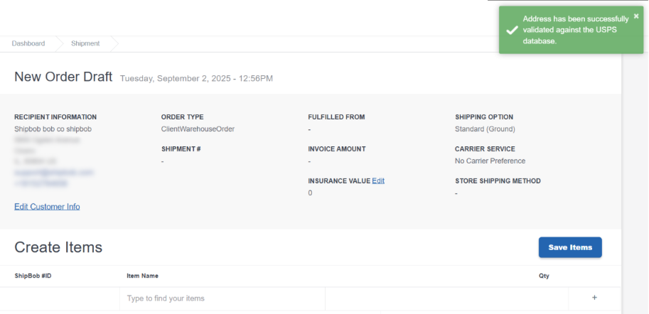 New Order Draft page with product selection and quantity fields