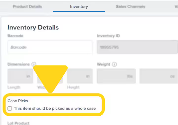 Inventory Details section showing the Case Picks checkbox for whole case picking