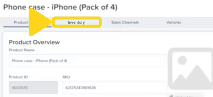 Product details page showing the Inventory tab highlighted