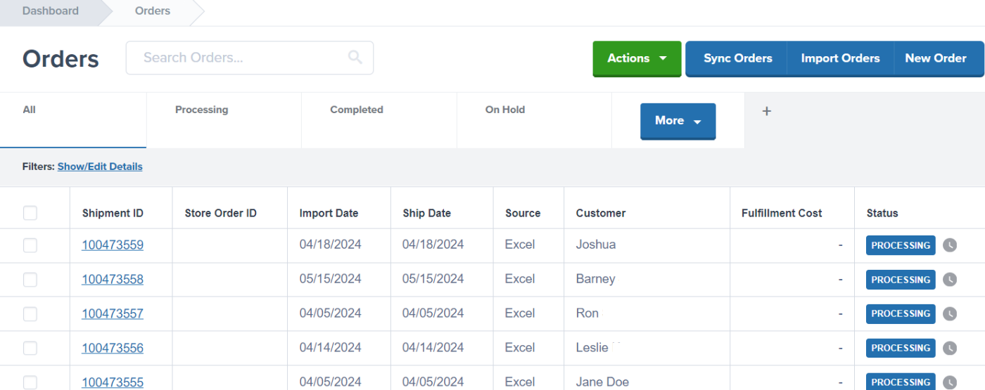 Orders page showing multiple orders with Processing status in the Status column