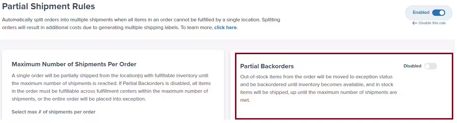 Partial Shipment Rules configuration showing Maximum Number of Shipments Per Order and Partial Backorders settings