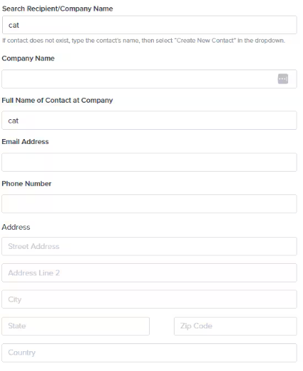 Recipient information form with search field, contact details, and address fields
