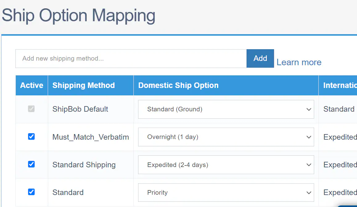 Ship Option Mapping interface showing shipping methods mapped to domestic and international ship options