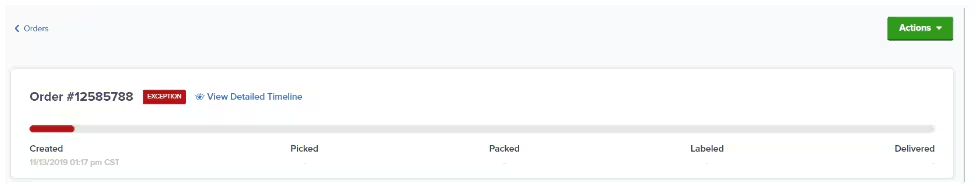 Order details page showing Actions button in top-right corner