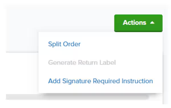 Actions dropdown menu with Split Order option highlighted
