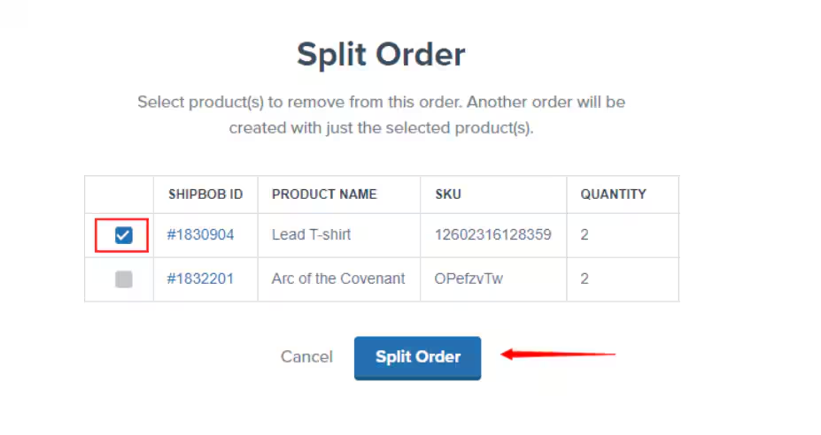 Split Order dialog showing product selection checkboxes and Split Order button