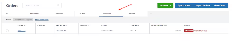 Orders page showing the Exceptions tab with orders in exception status