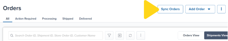 Orders page showing Sync Orders button in the top toolbar