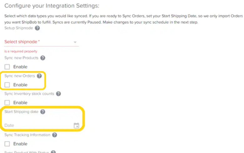 Connection Settings showing Sync new Orders checkbox and Start Shipping date field