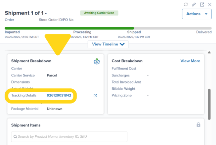 Order Details page with shipment timeline and Shipment Breakdown section