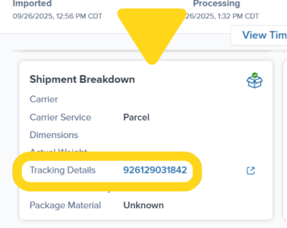 Shipment Breakdown section with tracking number highlighted