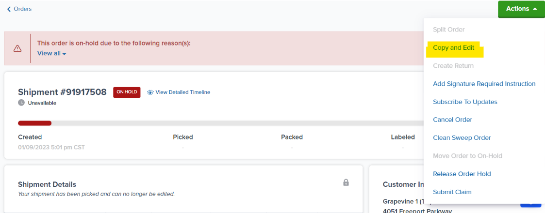 Actions button dropdown menu with Copy and Edit option highlighted