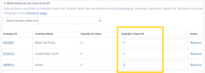 Quantity in Each Kit fields showing component quantities