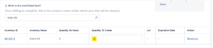 Quantity to Create field with example entry