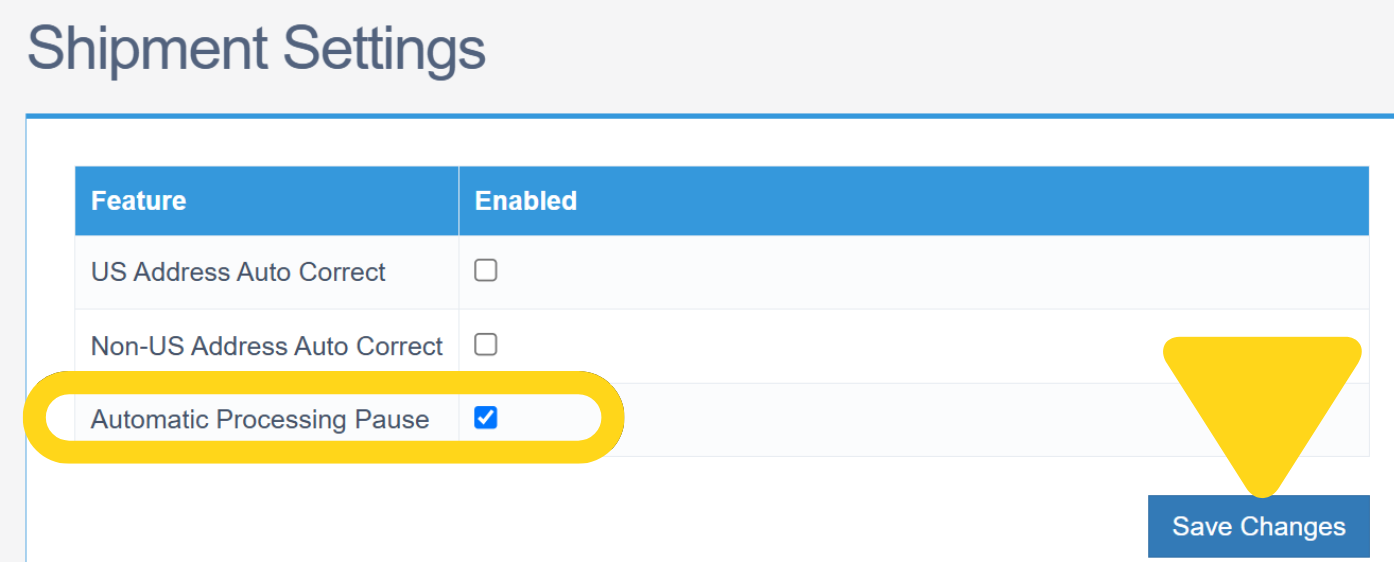 Shipment Settings page showing Automatic Processing Pause checkbox