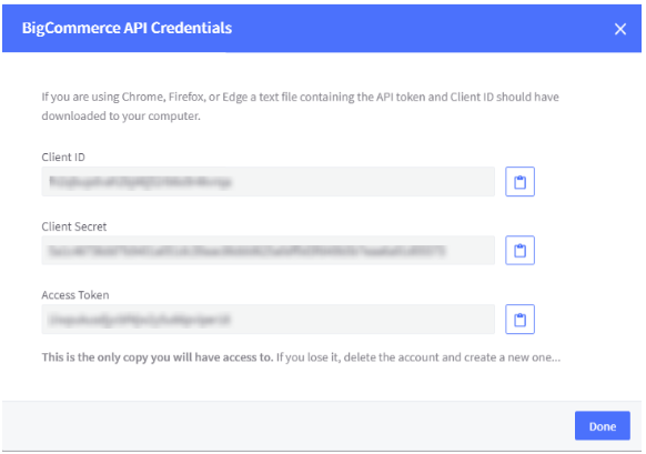 BigCommerce API Credentials modal showing Client ID, Client Secret, and Access Token