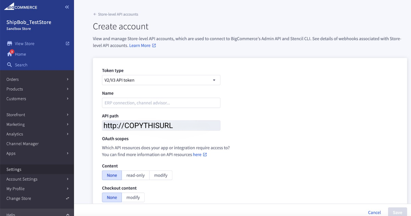 Create account form showing Name field and API path