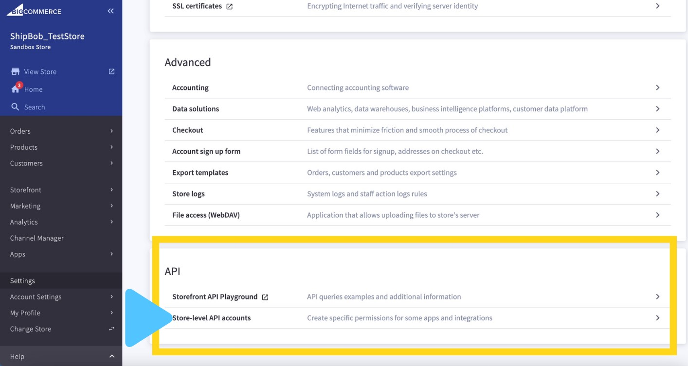 BigCommerce Settings page showing API section with Store-level API accounts option