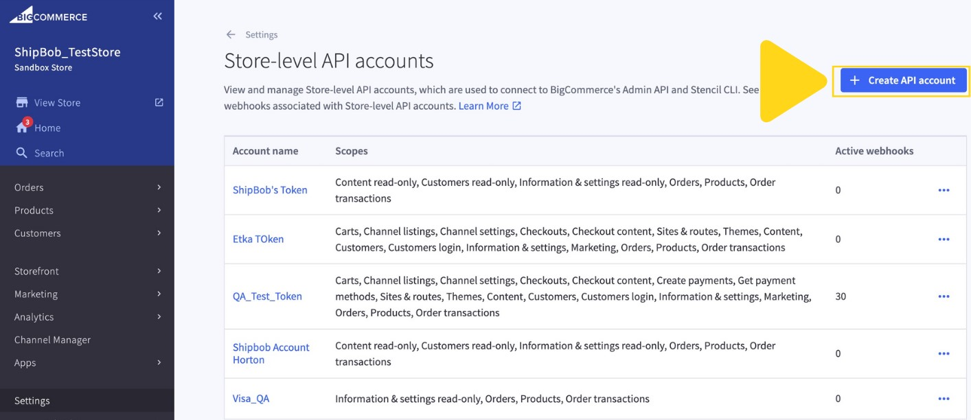 Store-level API accounts page with Create API account button highlighted