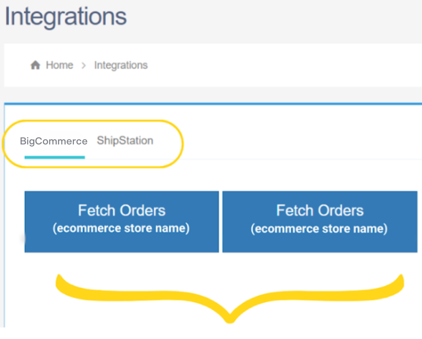 Integrations page showing BigCommerce tab with Fetch Orders buttons