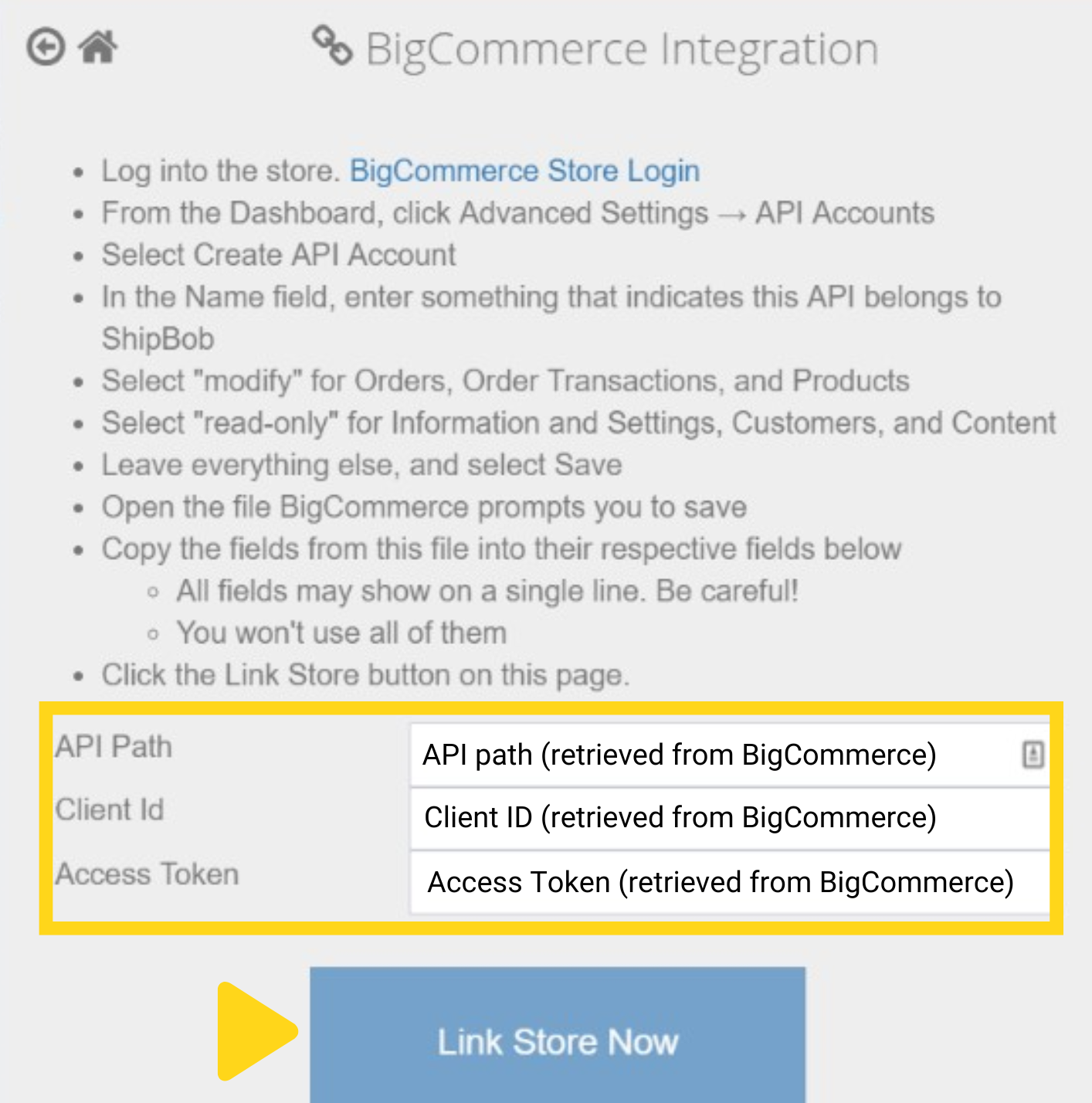 BigCommerce Integration page showing API Path, Client ID, and Access Token fields