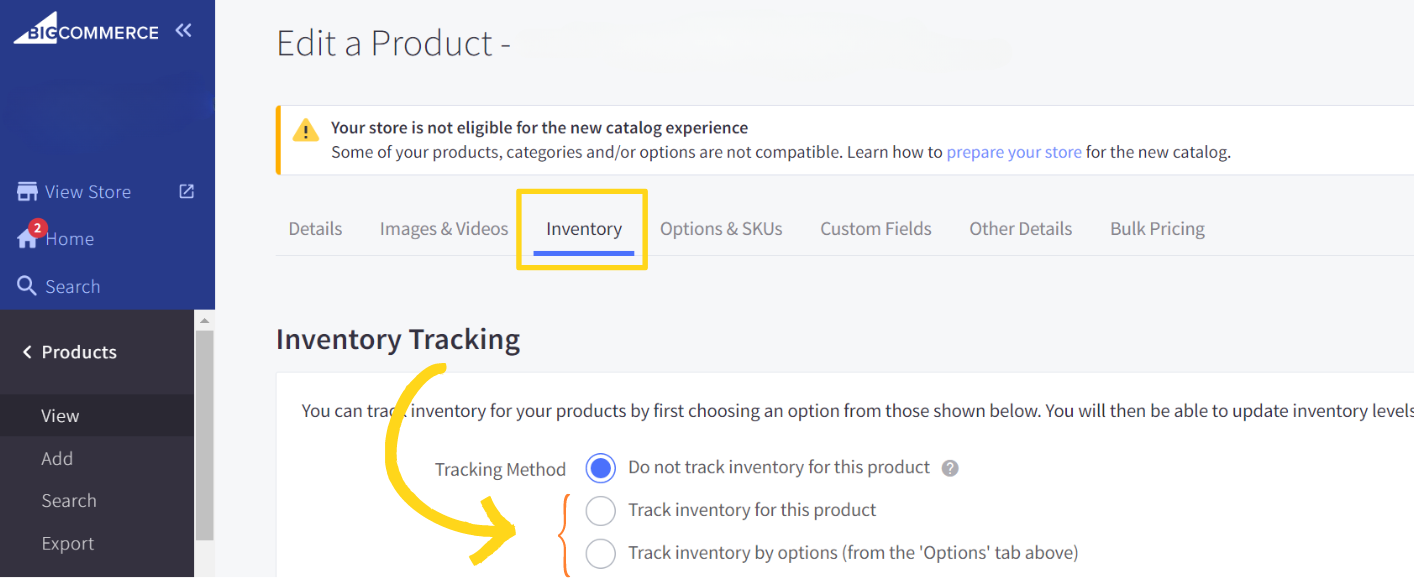 BigCommerce product Inventory tab showing Track inventory options