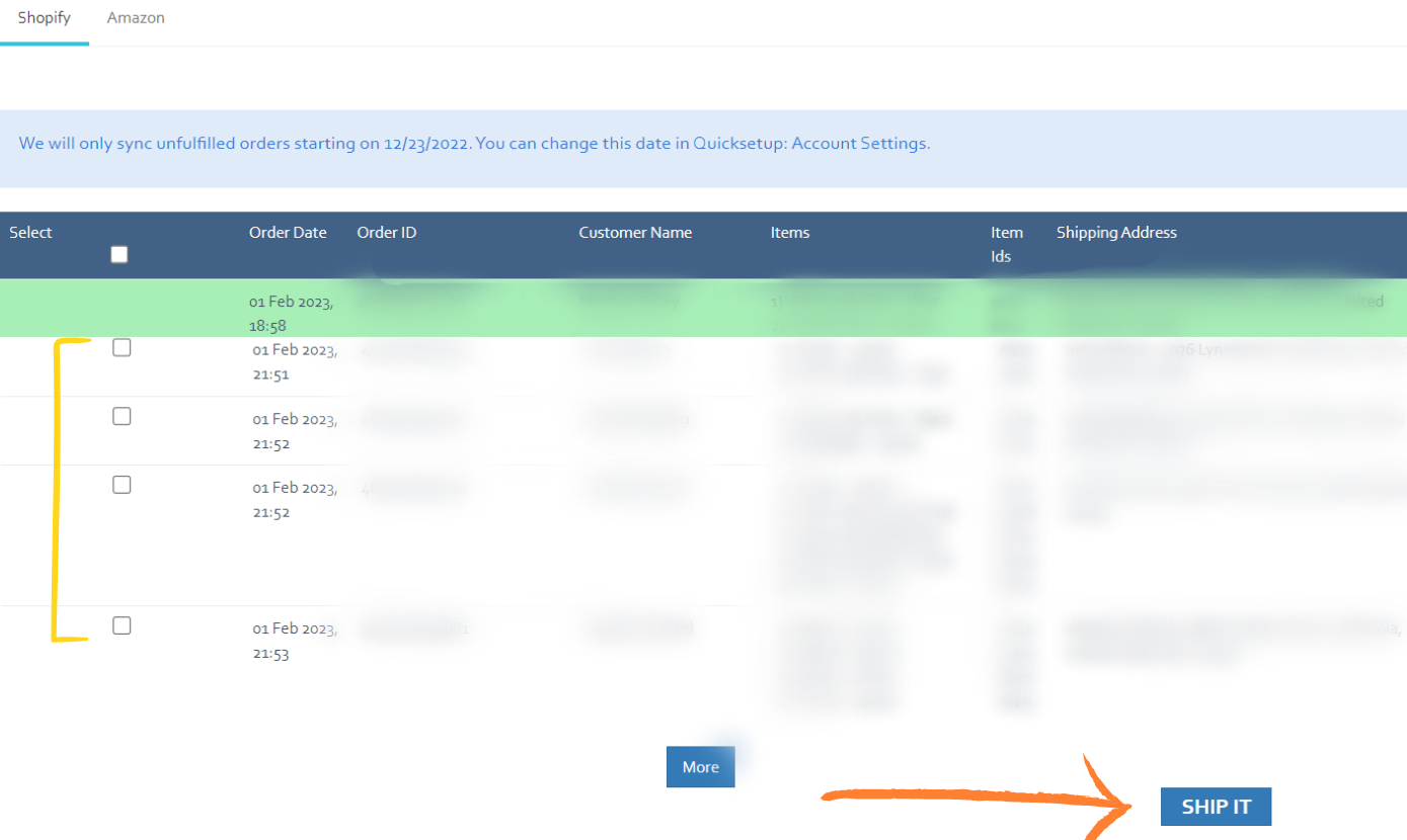Order import list showing selected orders with SHIP IT button