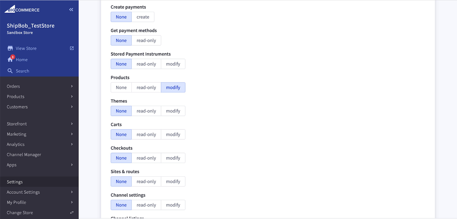 Permission settings showing Products set to modify