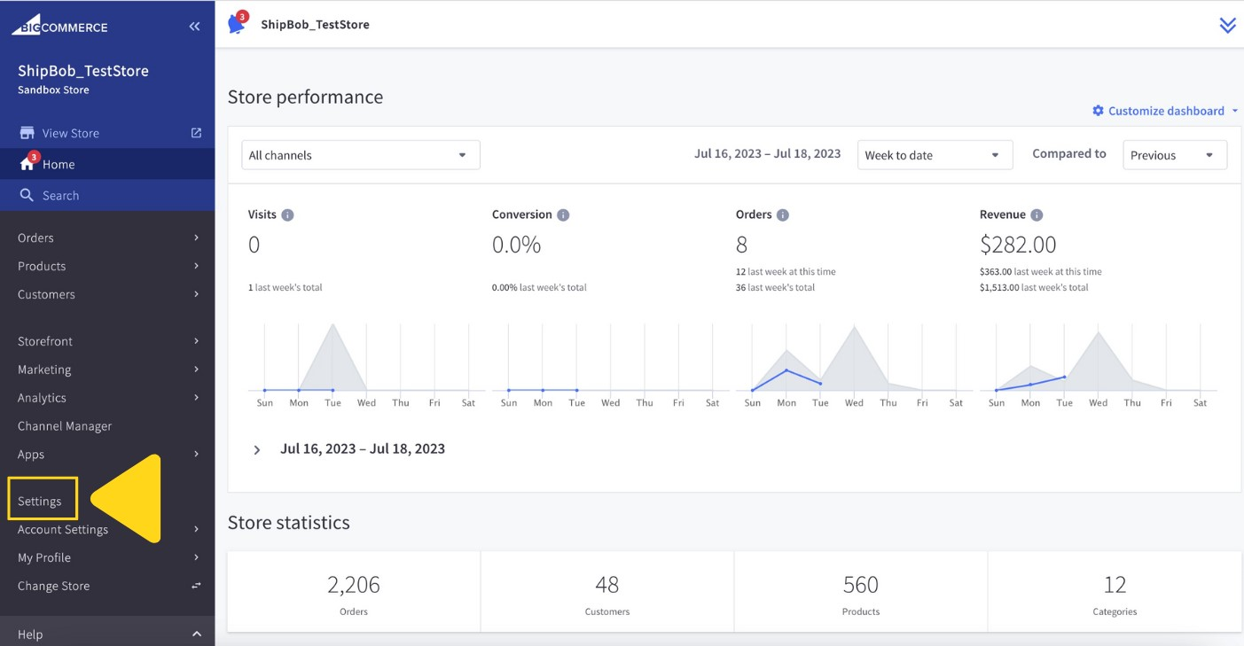 BigCommerce dashboard showing Settings option in left navigation