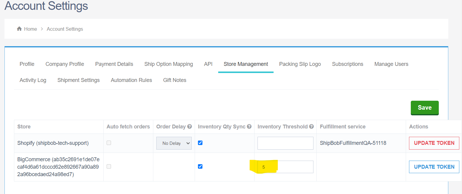 Store Management page showing Inventory Qty Sync checkbox for BigCommerce