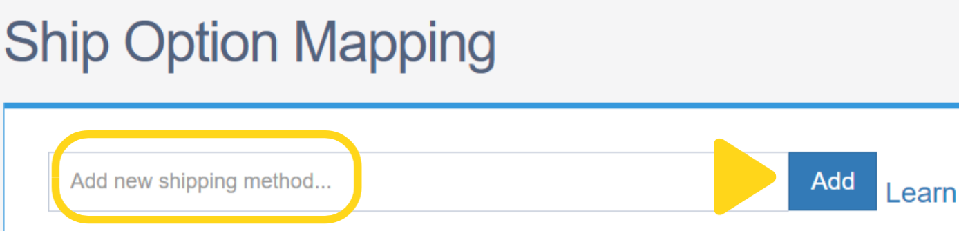 Ship Option Mapping page showing Add new shipping method text field and Add button