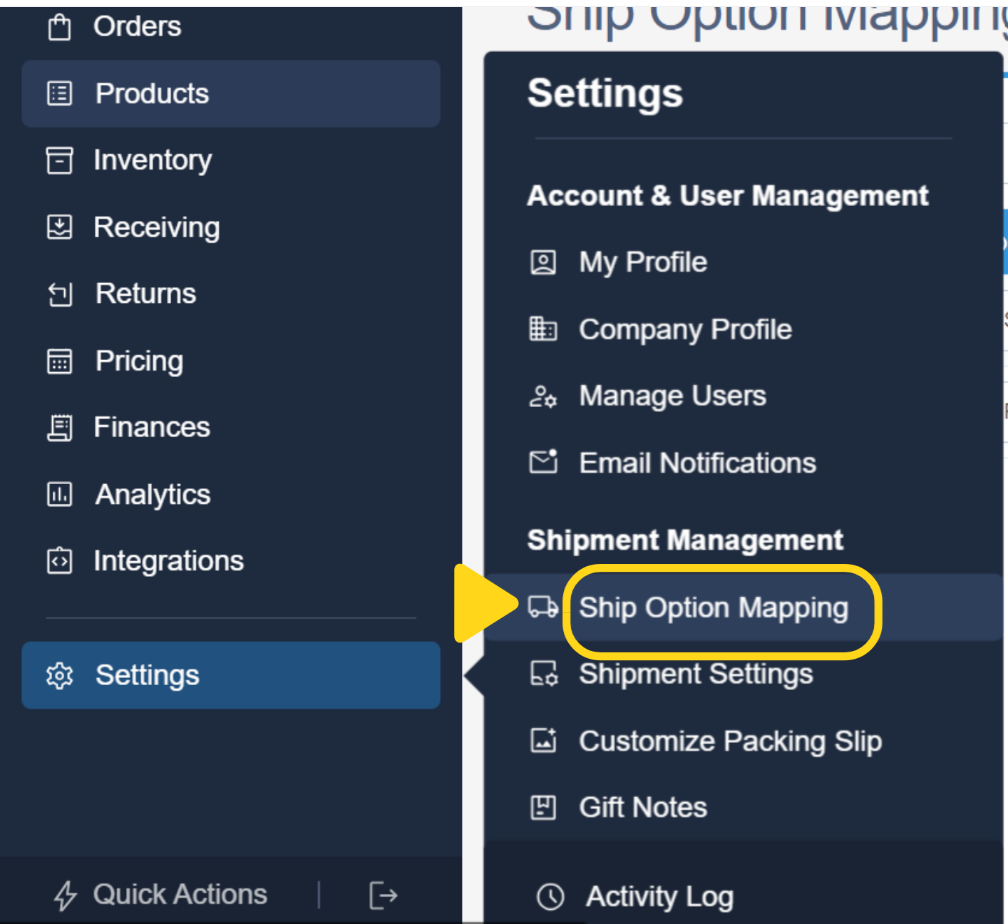 Settings menu showing Shipment Management section with Ship Option Mapping highlighted