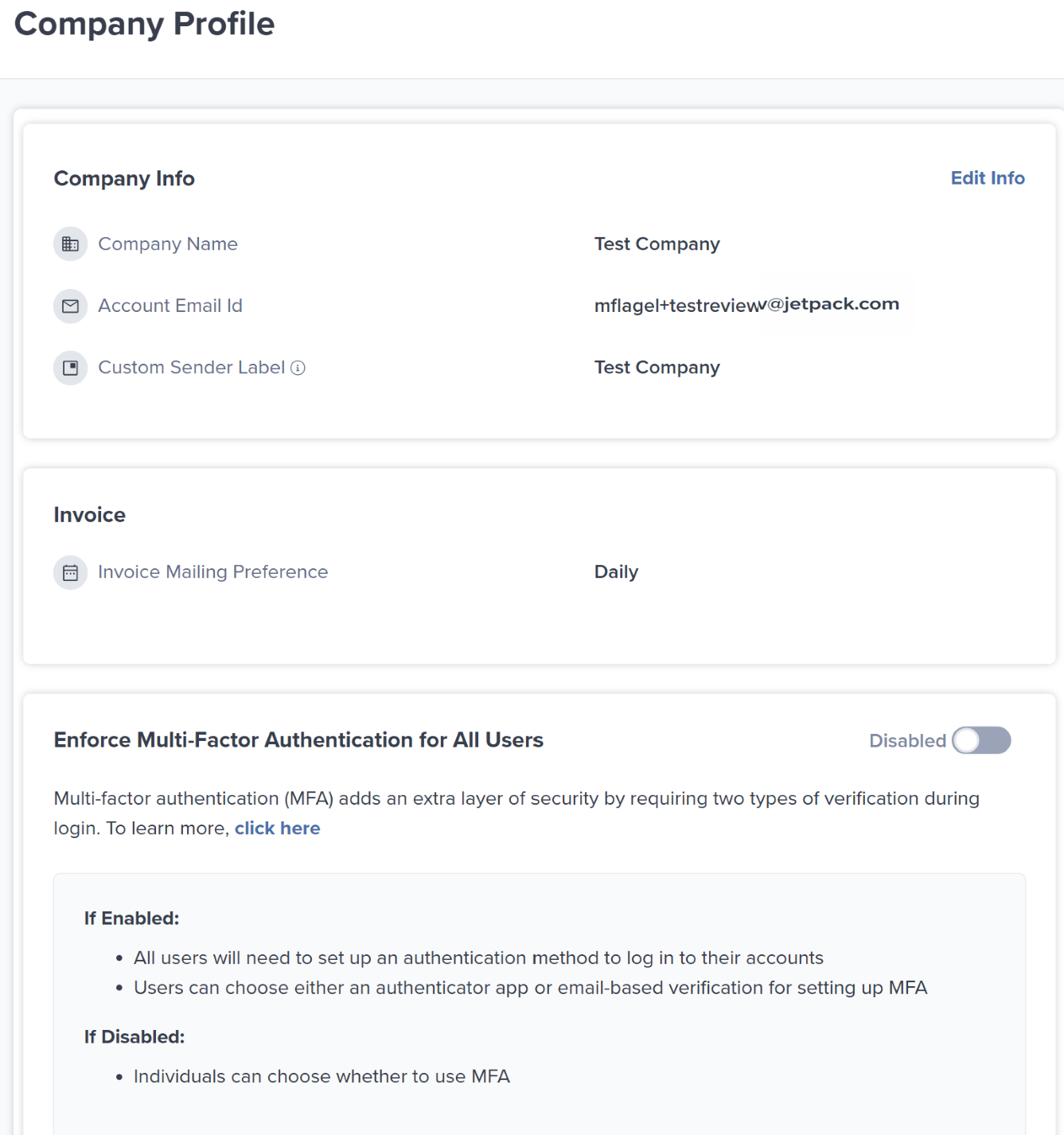 Company Profile Settings page showing all configuration options