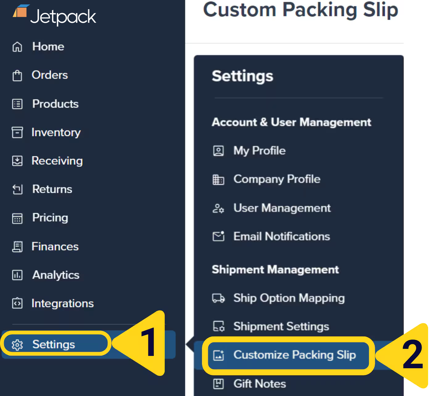Settings menu with Customize Packing Slip option highlighted