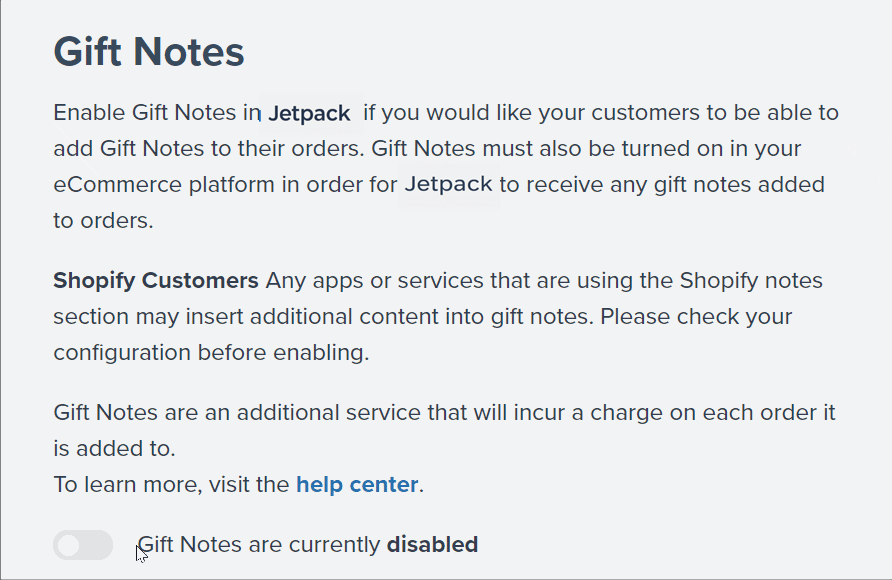 Gift Notes page showing toggle to enable feature