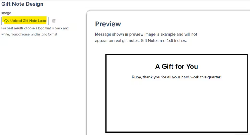 Gift Notes settings page with logo upload area showing dotted box and browse link