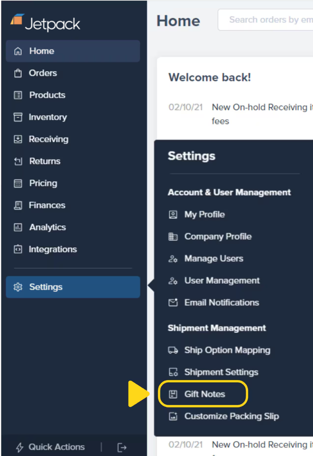 Settings menu expanded showing Shipment Management section with Gift Notes option
