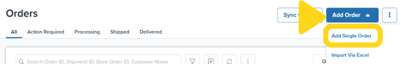 Add Order dropdown menu showing Add Single Order option