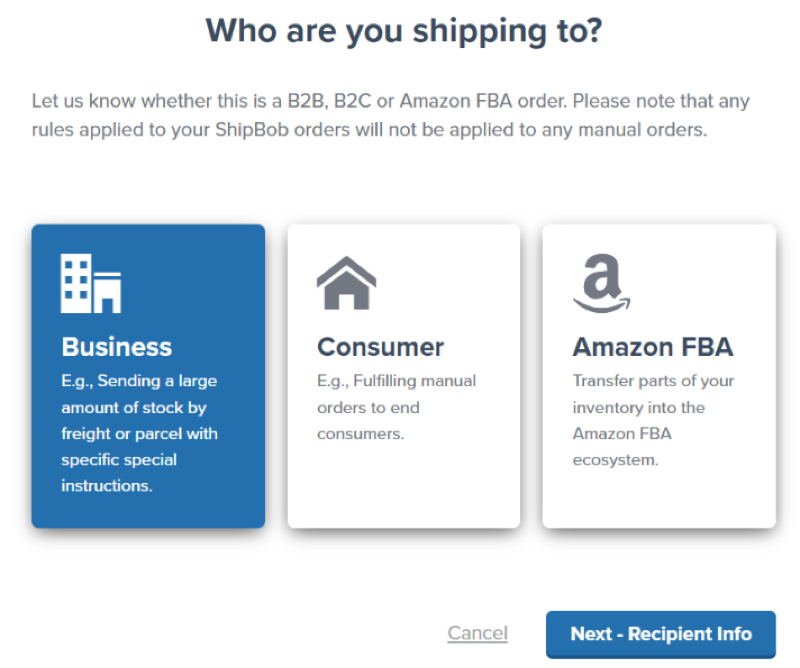 Order type selection showing Business, Consumer, and Amazon FBA options