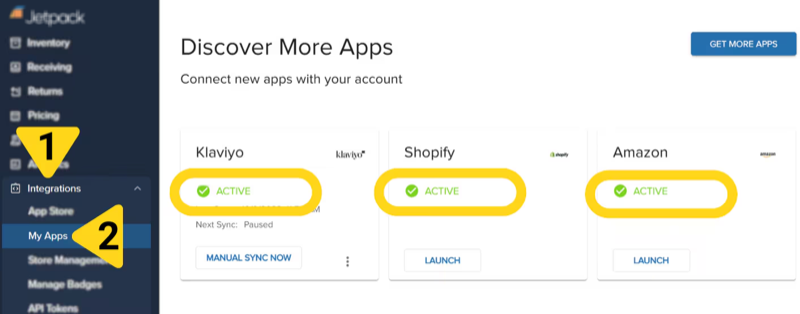 My Apps page showing list of active integrations with status, connection details, and settings access