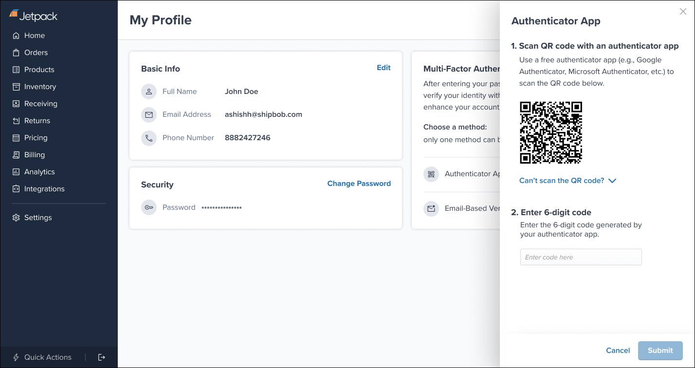 MFA setup screen showing QR code to scan with authenticator app and field to enter 6-digit verification code