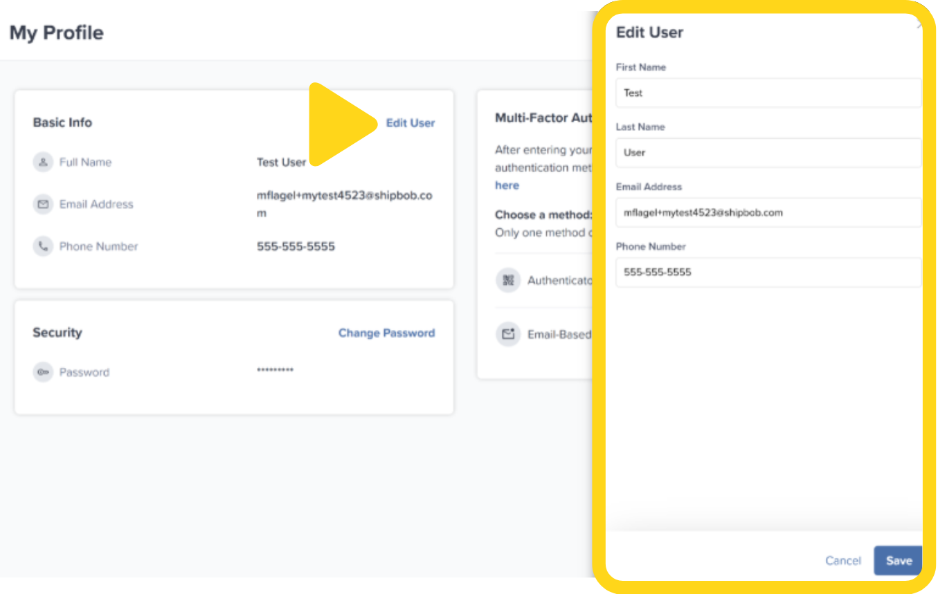 My Profile page showing Basic Info section with personal details and Security section with password management